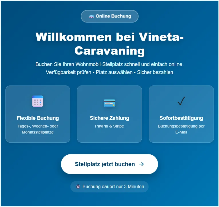 Online-Buchungsseite der Ausguck Marina-Software – live im Einsatz bei Vineta-Caravaning